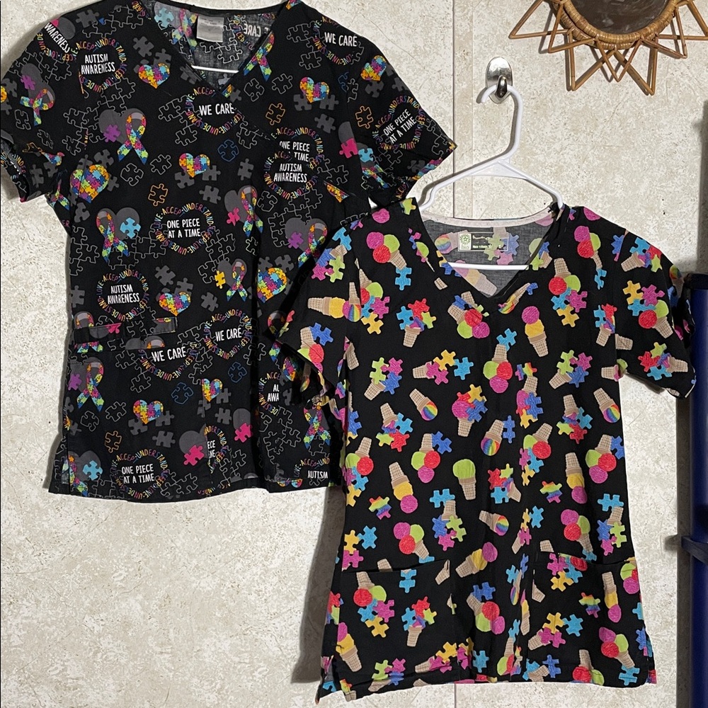 Pair of Colorful Autism Awareness Puzzle Print Scrub Tops. Size Small